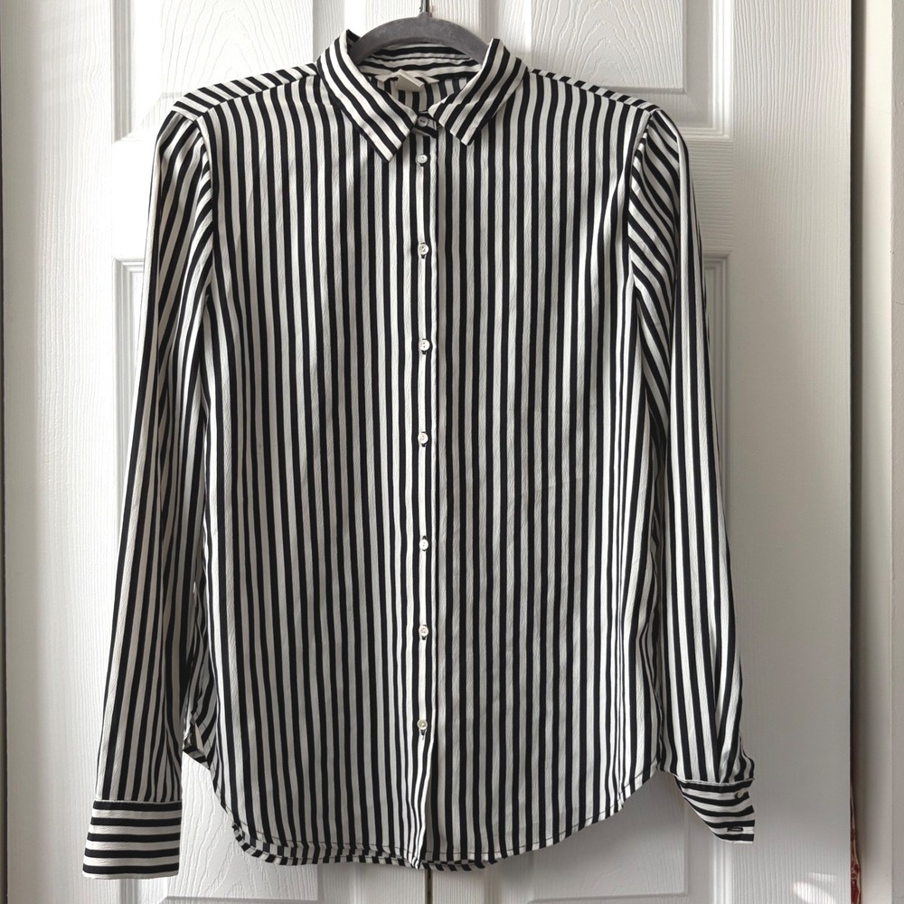 H&M Womens  Black & White Striped Button Down Shirt Blouse Size 8 Long Sleeve - Picture 8 of 8